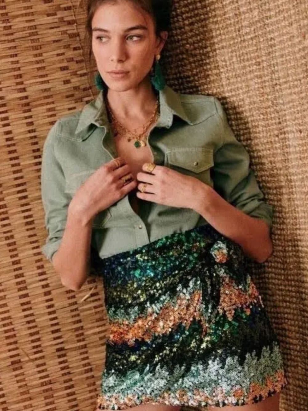 Sezane Sequined Mini Skirt in Green, Gold, Silver & Black